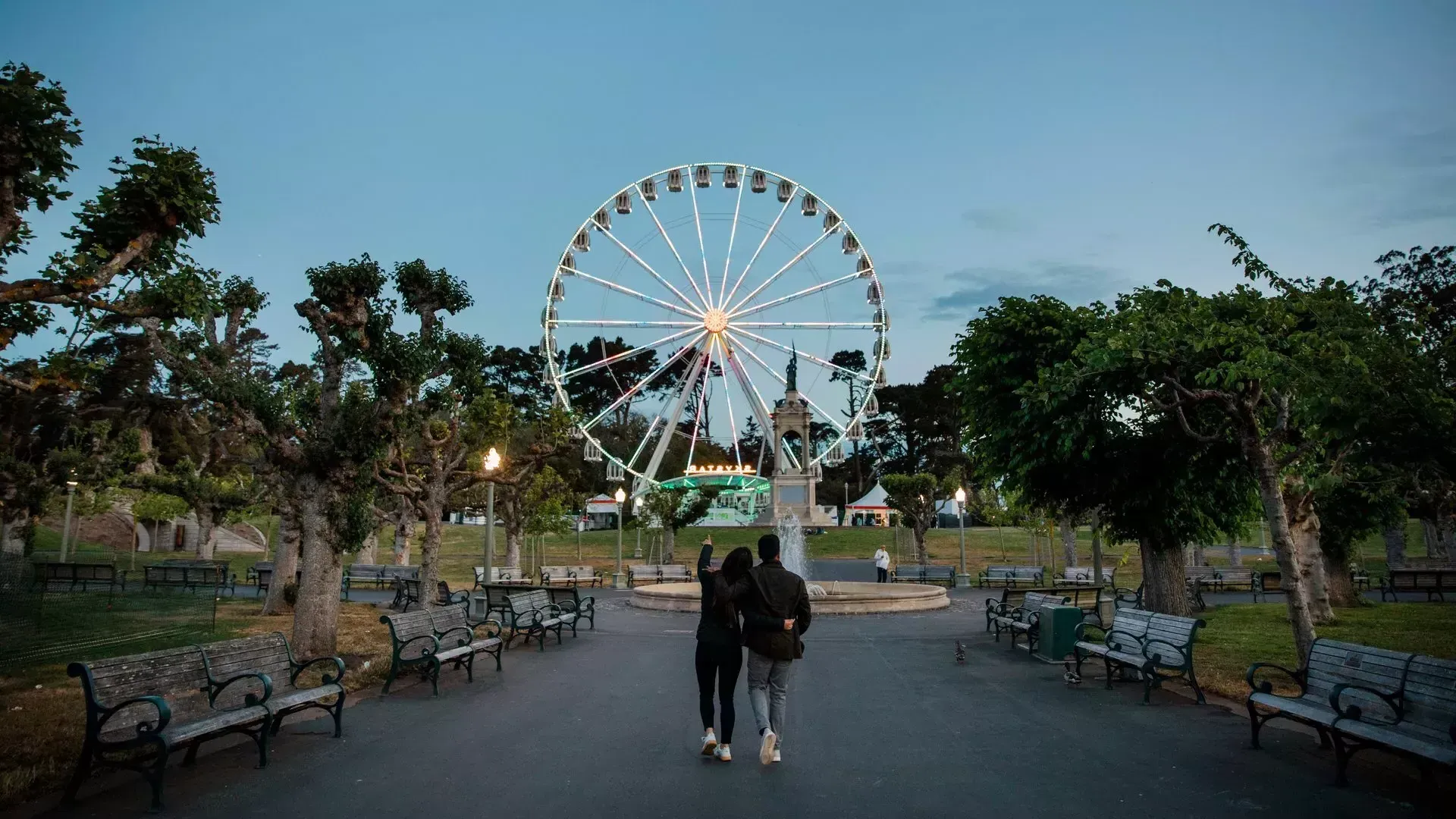 Walking around the Music Concourse in Golden Gate Park towards the Skystar Wheel