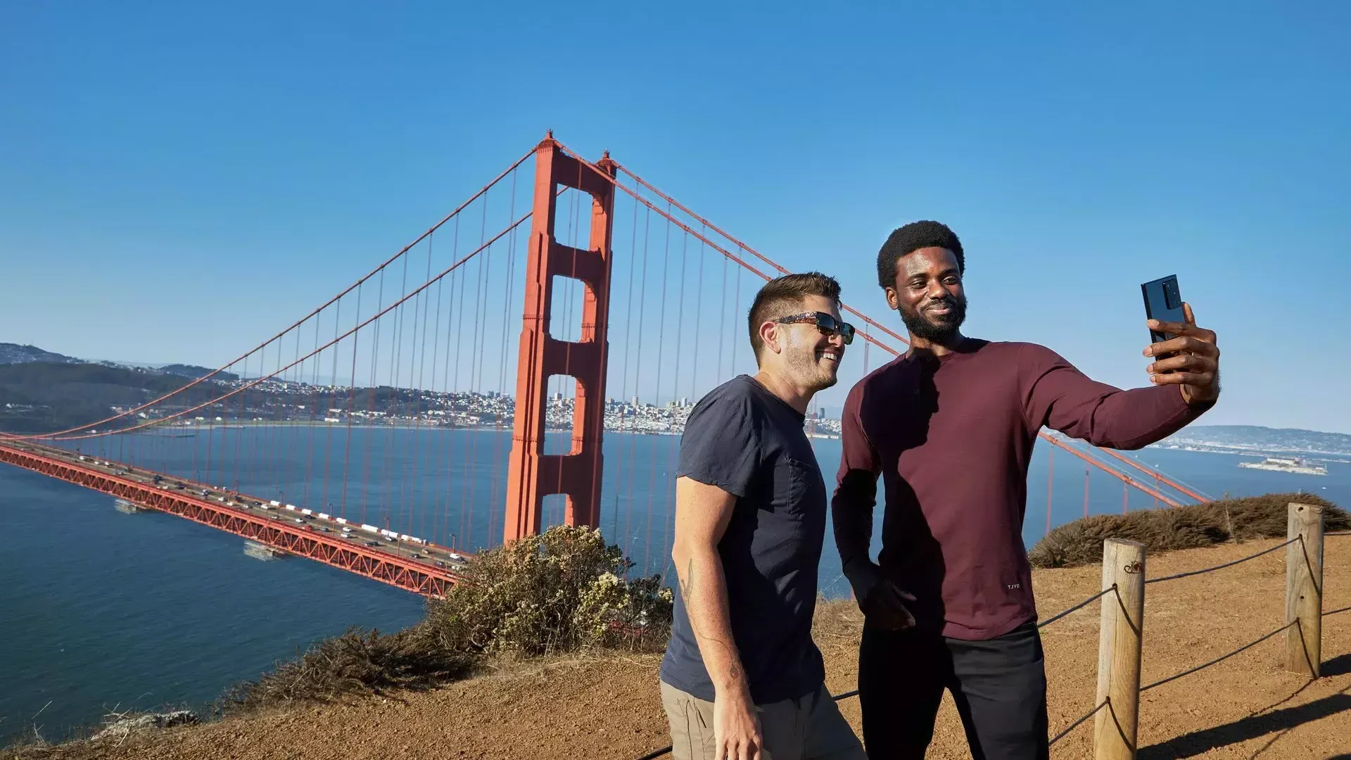 Taking selfies at the Golden Gate Bridge