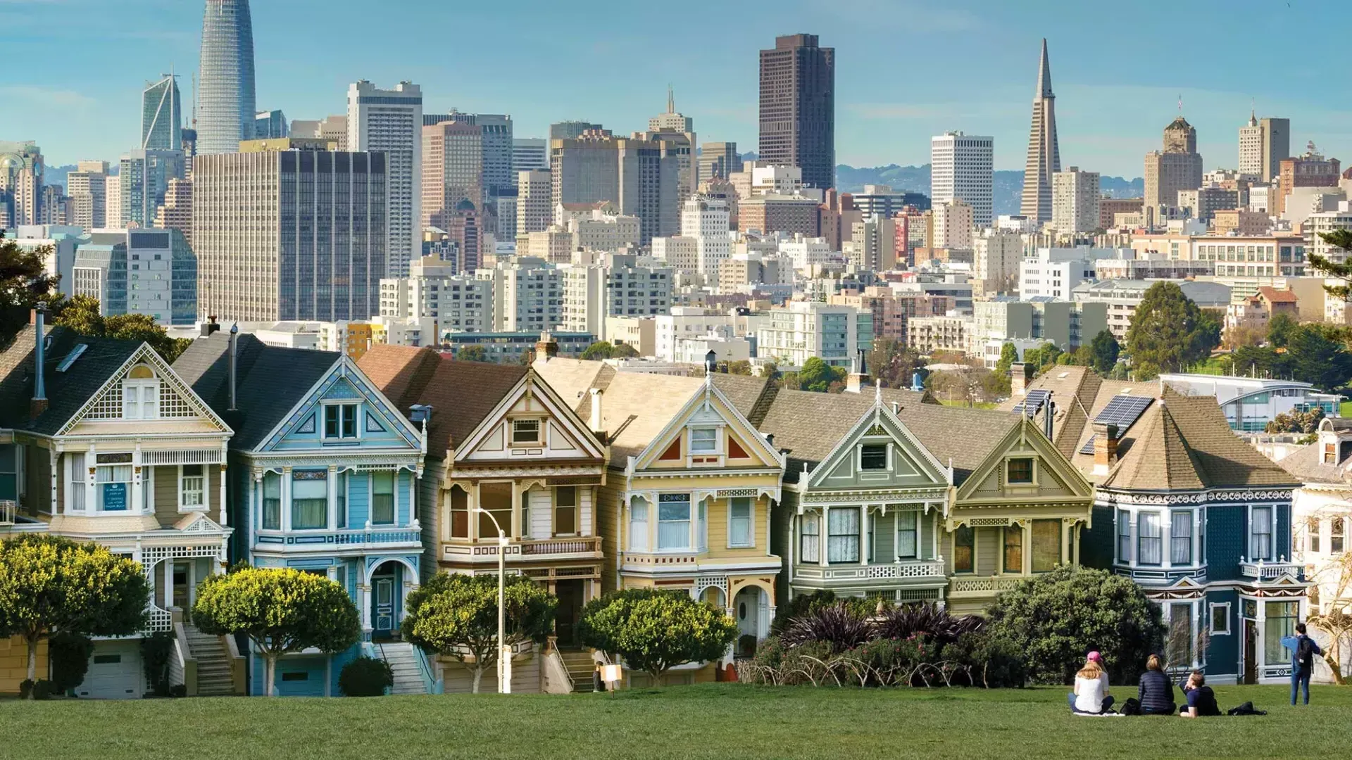 I picnic si siedono sull'erba ad Alamo Square Park con le Painted Ladies e lo skyline 来自贝博体彩app sullo sfondo.