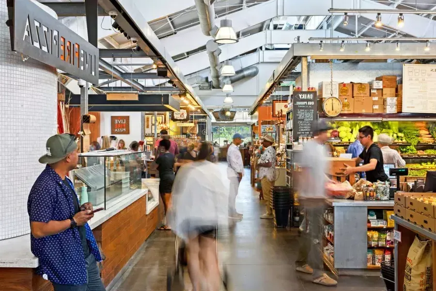 Interior of people shopping at Oxbow Market