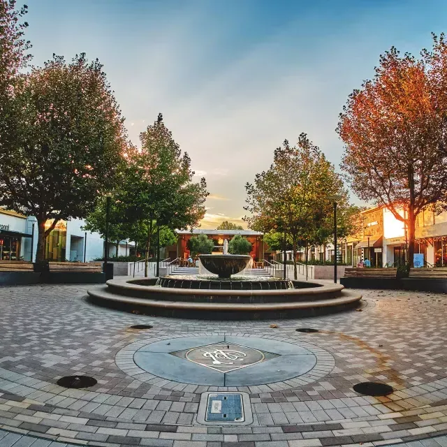 Centro comercial al aire libre con árboles y fuente